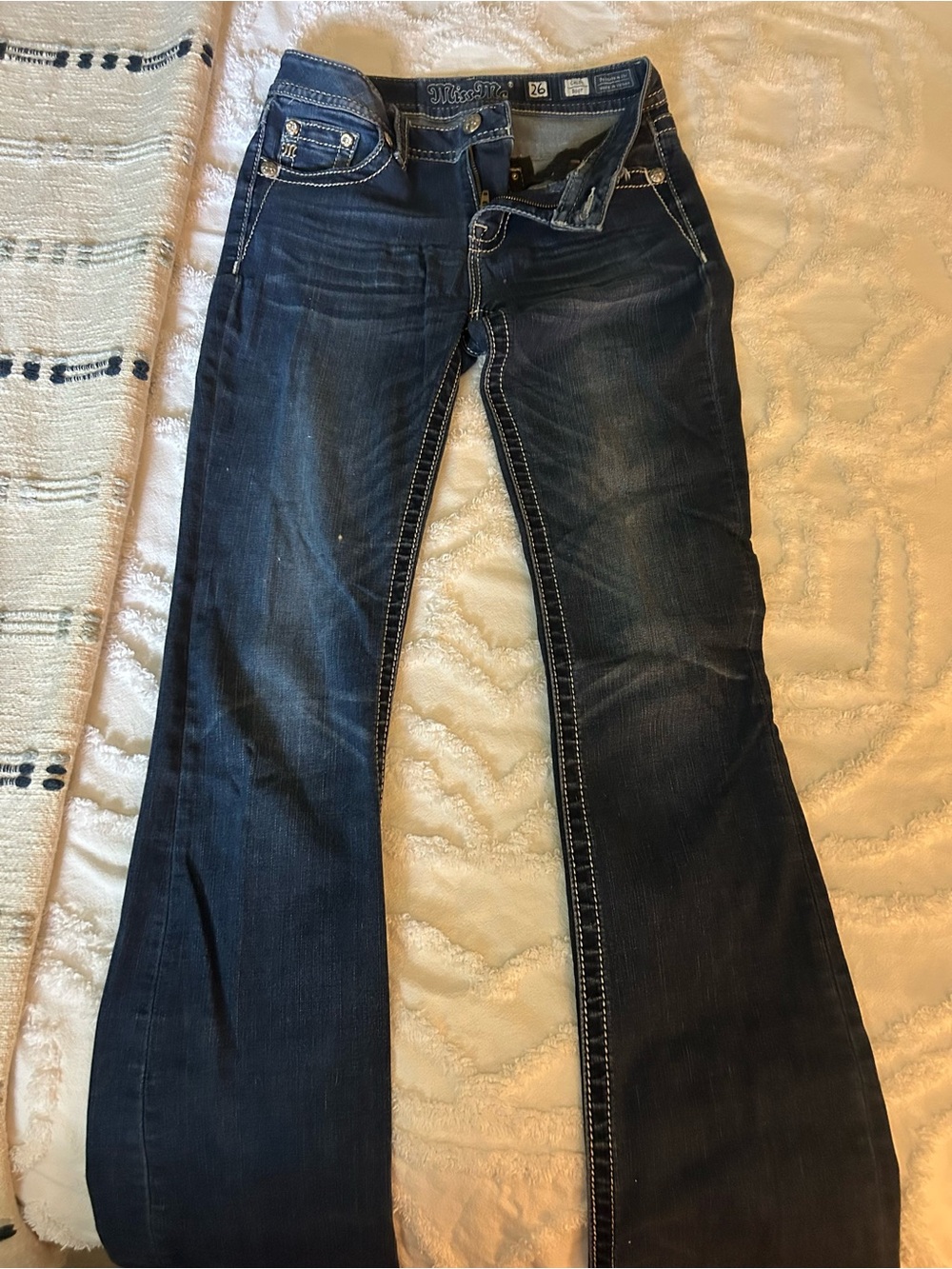 Miss Me Dark Blue Flare Jeans with Contrast Stitching